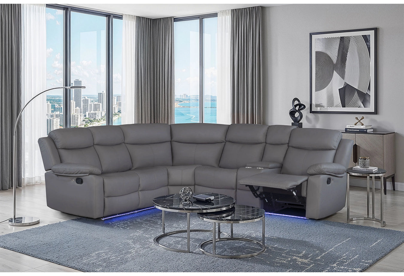 U6026 Grey PU 46A Sectional With Speaker