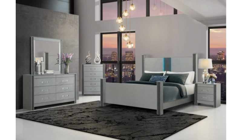 Logan Silver Bed, Dresser, Mirror and Nightstand